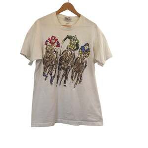 Silks by George Konert Horse Racing Jockeys T-Shirt XL White Derby Graphic Tee